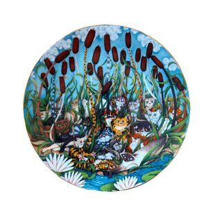 “Cattails” By Jamie Perry Collectible #1299A Porcelain Plate 24K Gold Trim Cat